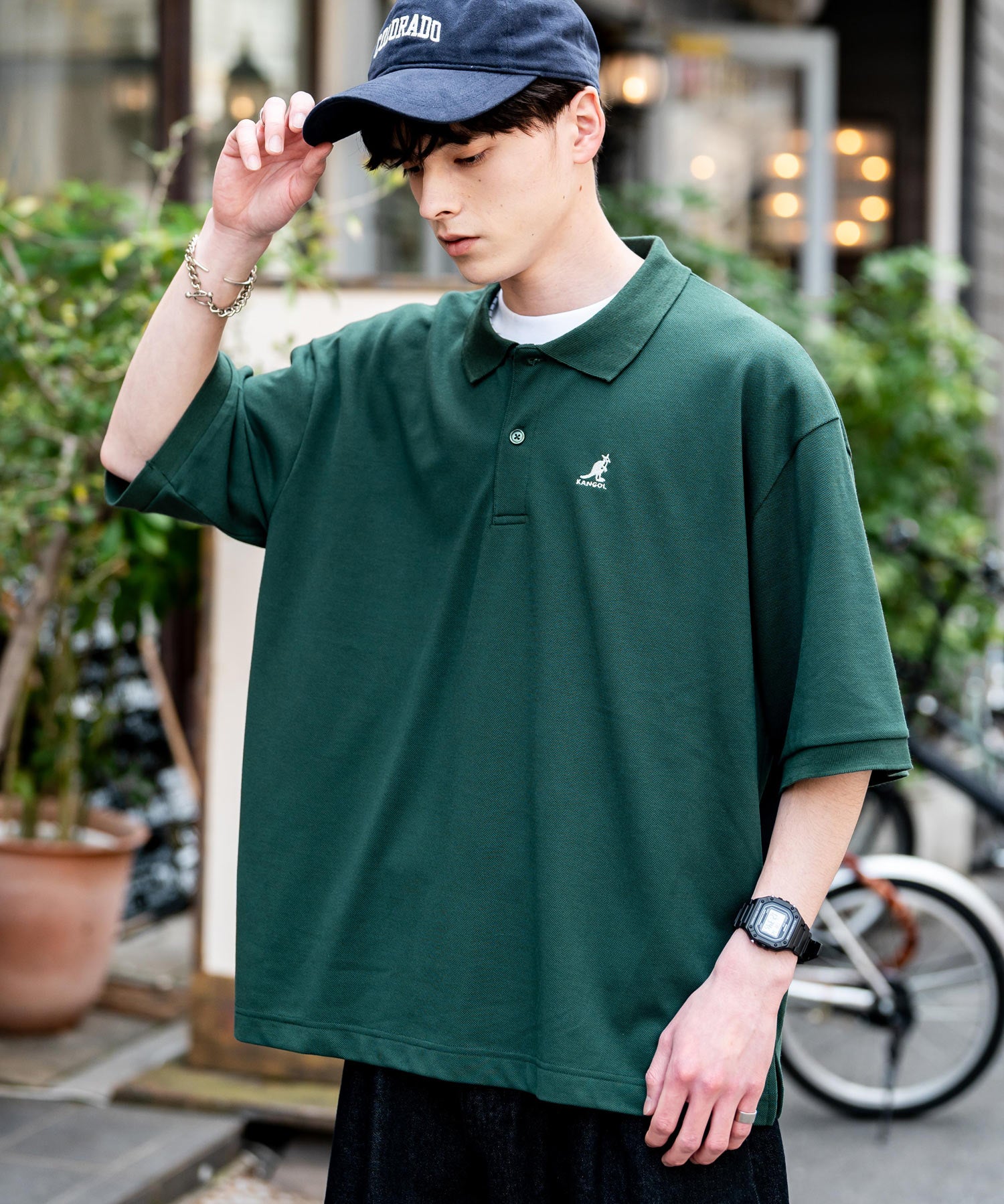 KANGOL カンゴール 別注コラボ 鹿の子クレリック/ラインリブ/ワンポイント刺繍オーバーサイズ半袖ポロシャツ