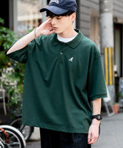 KANGOL カンゴール 別注コラボ 鹿の子クレリック/ラインリブ/ワンポイント刺繍オーバーサイズ半袖ポロシャツ