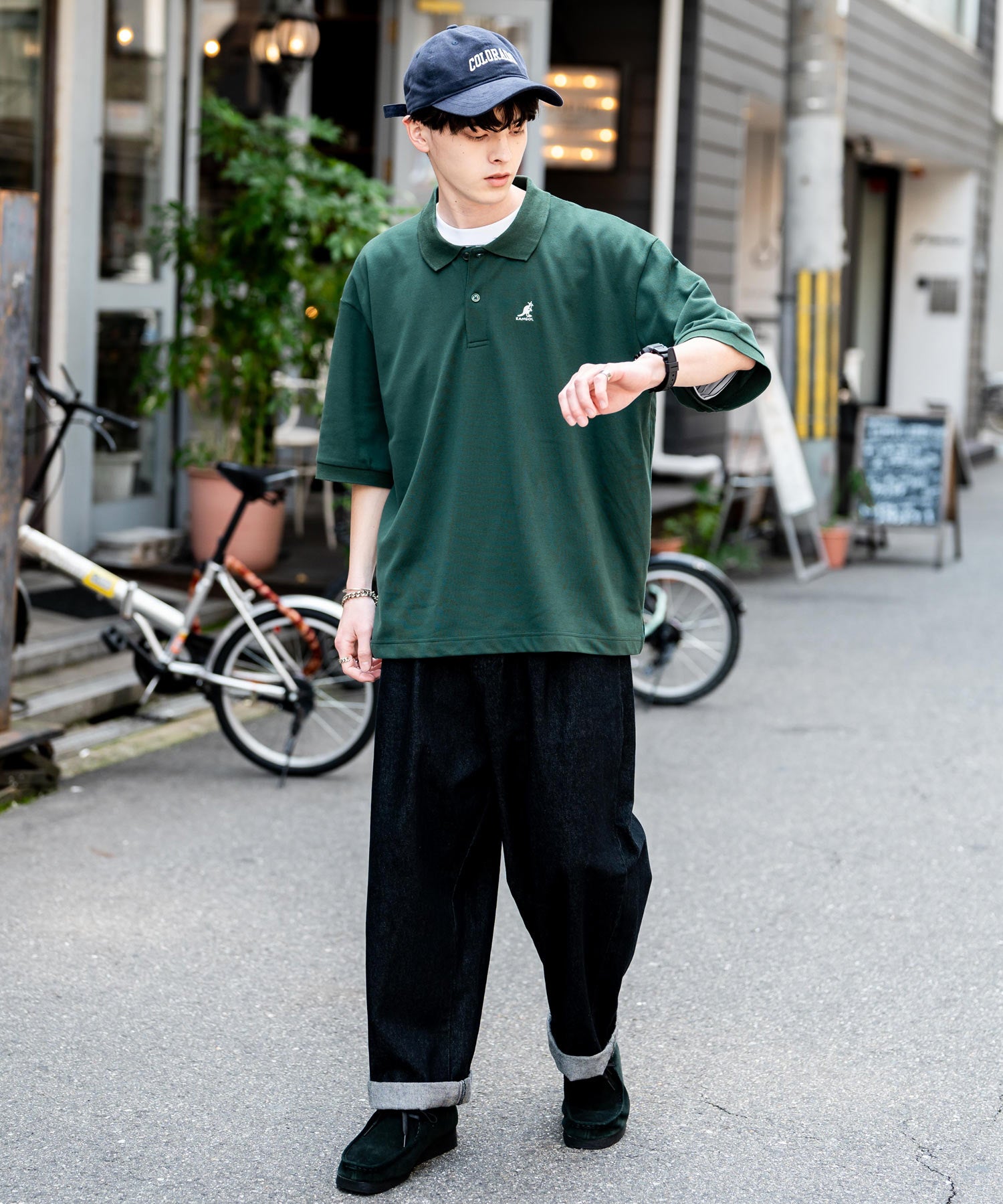 KANGOL カンゴール 別注コラボ 鹿の子クレリック/ラインリブ/ワンポイント刺繍オーバーサイズ半袖ポロシャツ