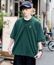 KANGOL カンゴール 別注コラボ 鹿の子クレリック/ラインリブ/ワンポイント刺繍オーバーサイズ半袖ポロシャツ