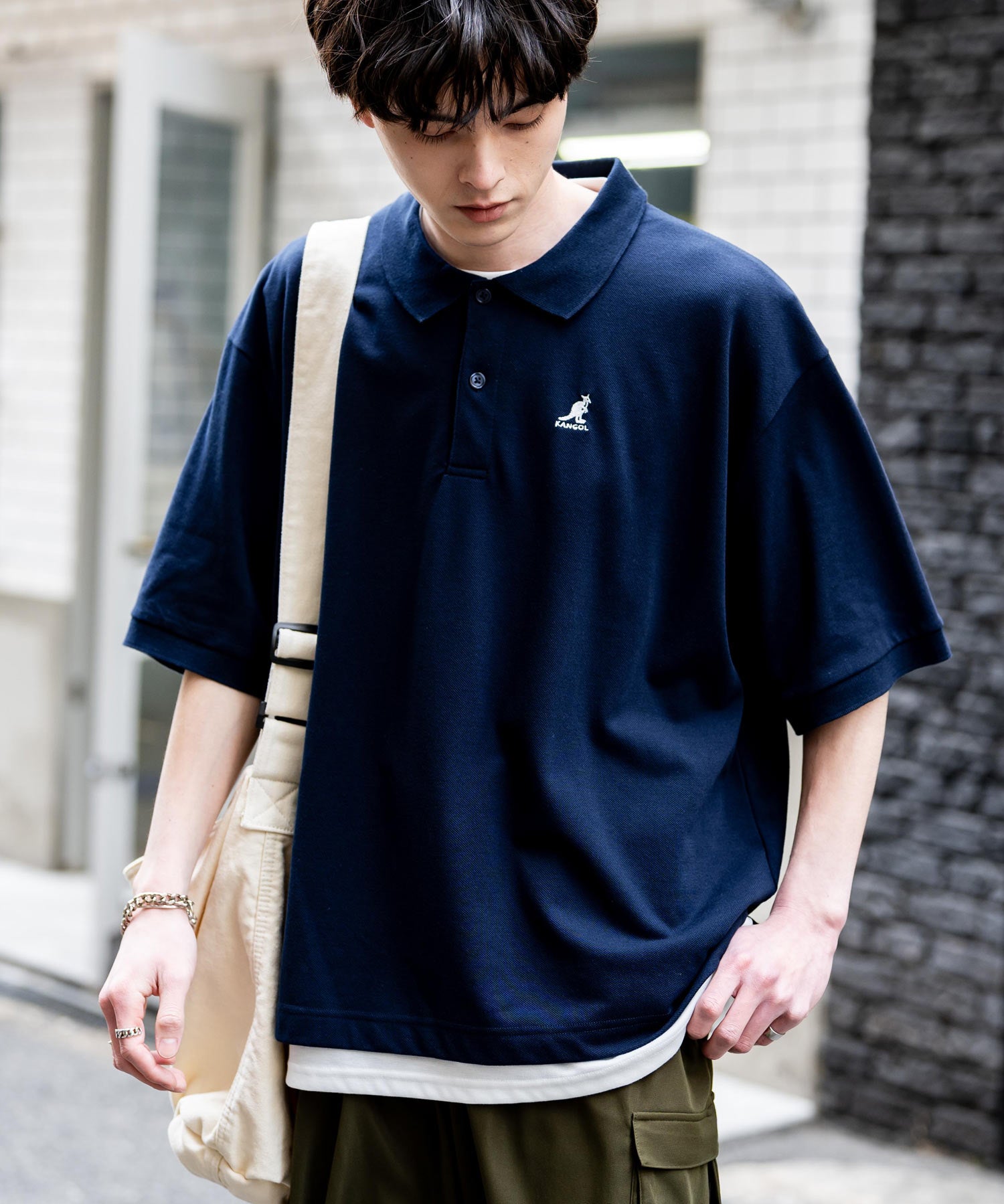 KANGOL カンゴール 別注コラボ 鹿の子クレリック/ラインリブ/ワンポイント刺繍オーバーサイズ半袖ポロシャツ