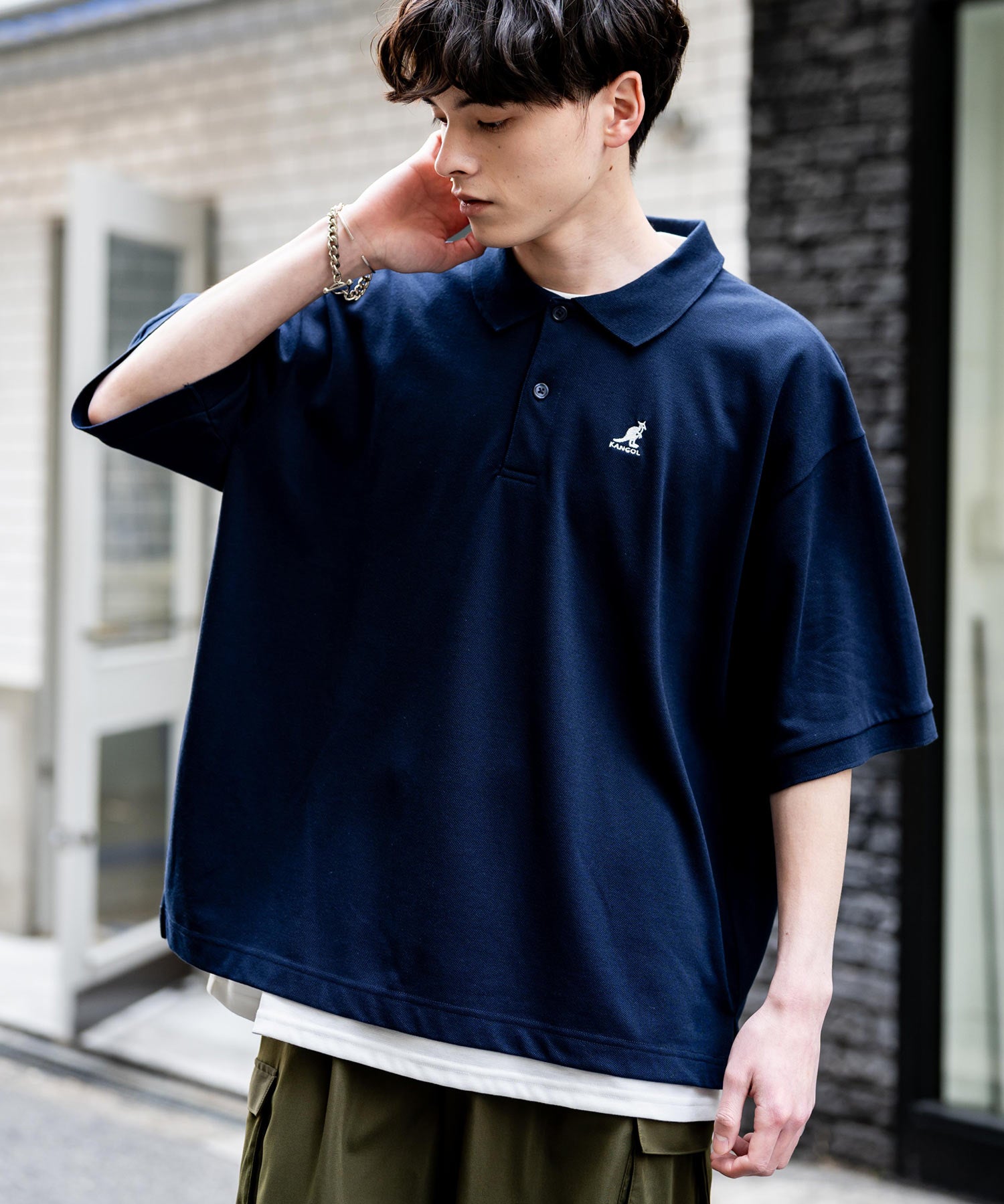 KANGOL カンゴール 別注コラボ 鹿の子クレリック/ラインリブ/ワンポイント刺繍オーバーサイズ半袖ポロシャツ