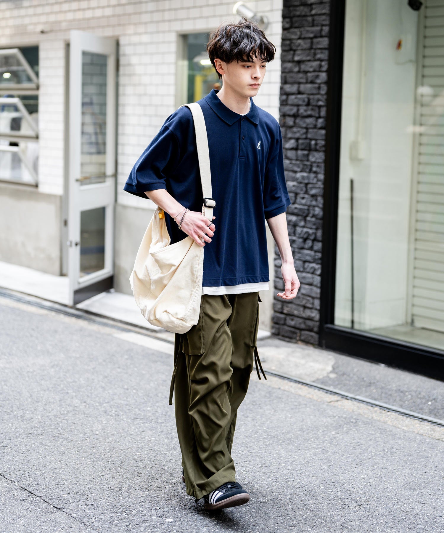 KANGOL カンゴール 別注コラボ 鹿の子クレリック/ラインリブ/ワンポイント刺繍オーバーサイズ半袖ポロシャツ