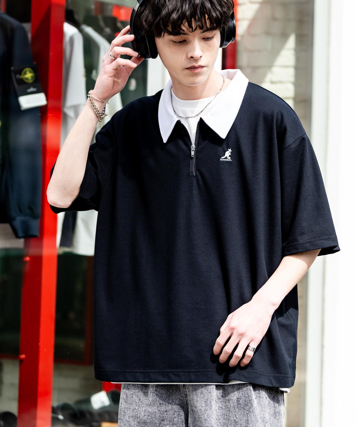 KANGOL カンゴール 別注コラボ 鹿の子ハーフジップクレリックカラー/オーバーサイズロゴ刺繍半袖ポロシャツ