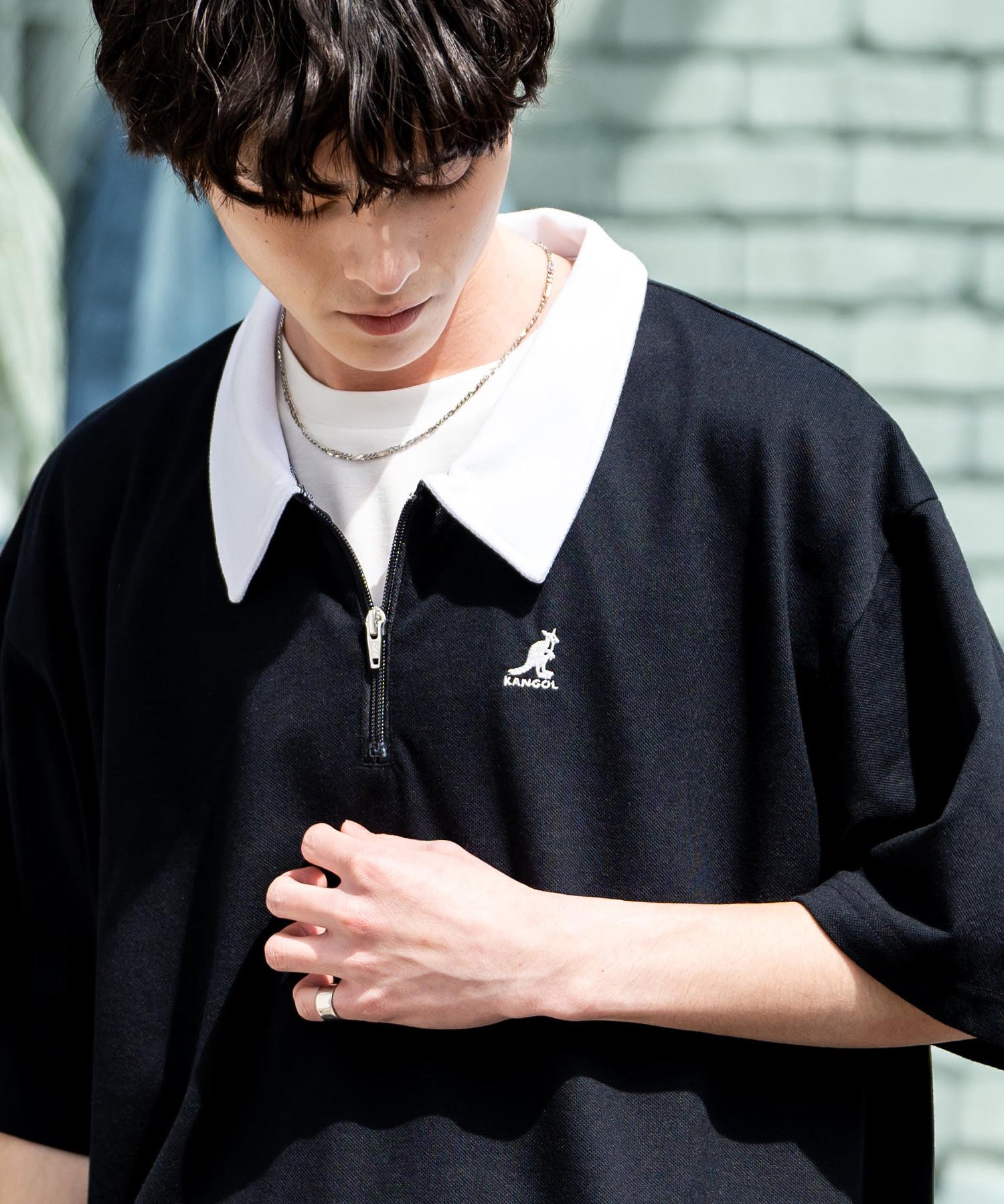 KANGOL カンゴール 別注コラボ 鹿の子ハーフジップクレリックカラー/オーバーサイズロゴ刺繍半袖ポロシャツ