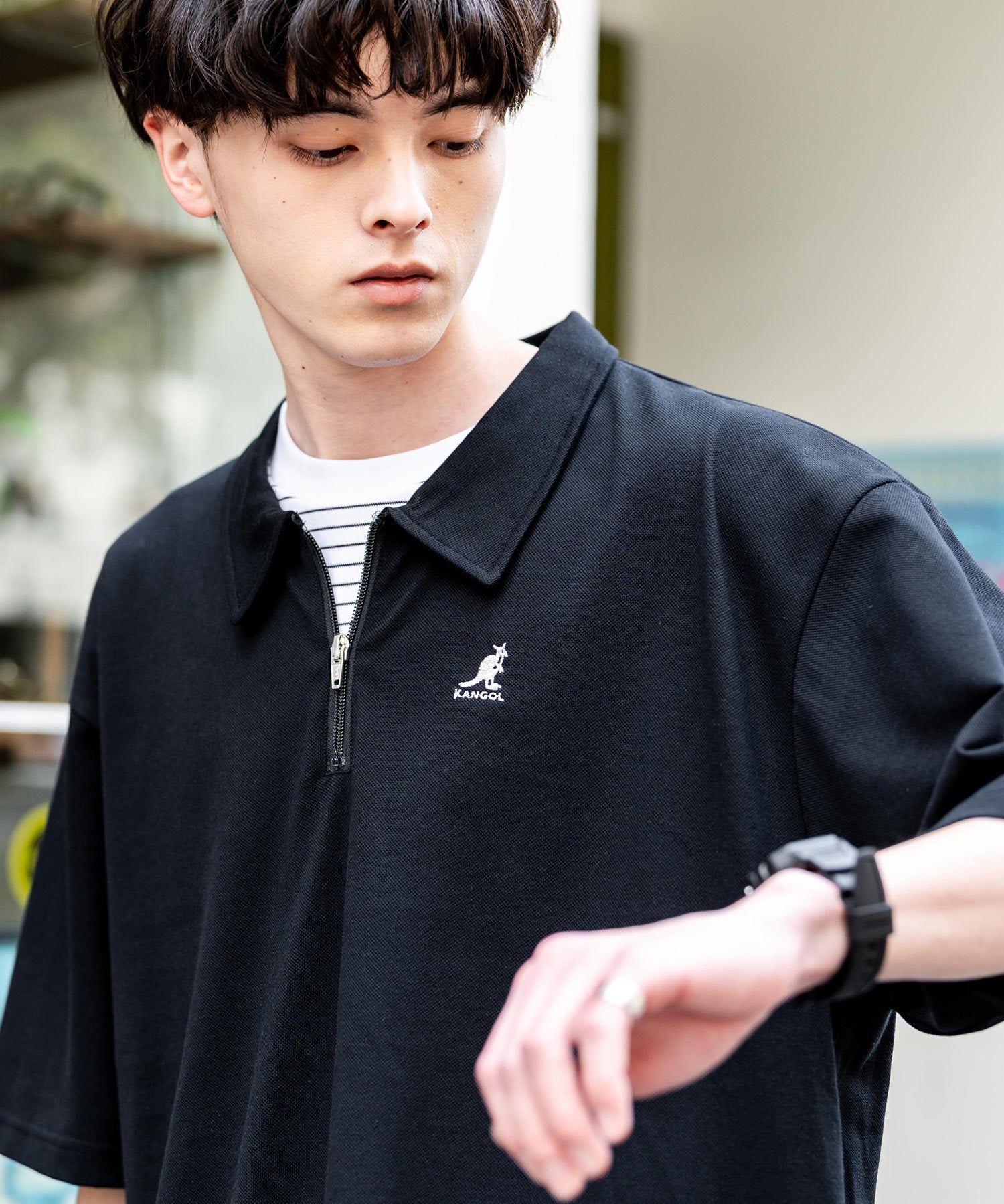 KANGOL カンゴール 別注コラボ 鹿の子ハーフジップクレリックカラー/オーバーサイズロゴ刺繍半袖ポロシャツ