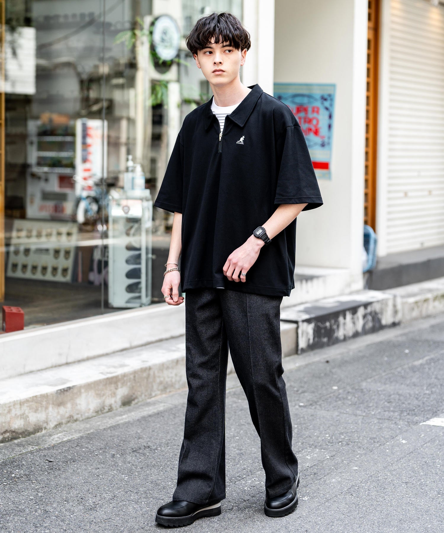KANGOL カンゴール 別注コラボ 鹿の子ハーフジップクレリックカラー/オーバーサイズロゴ刺繍半袖ポロシャツ