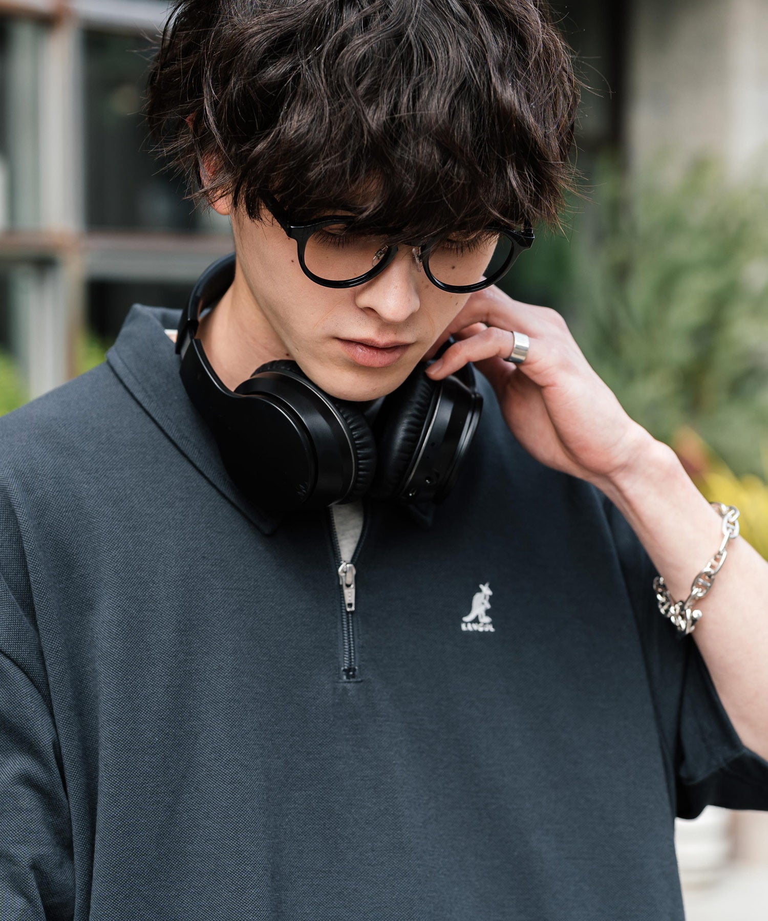 KANGOL カンゴール 別注コラボ 鹿の子ハーフジップクレリックカラー/オーバーサイズロゴ刺繍半袖ポロシャツ