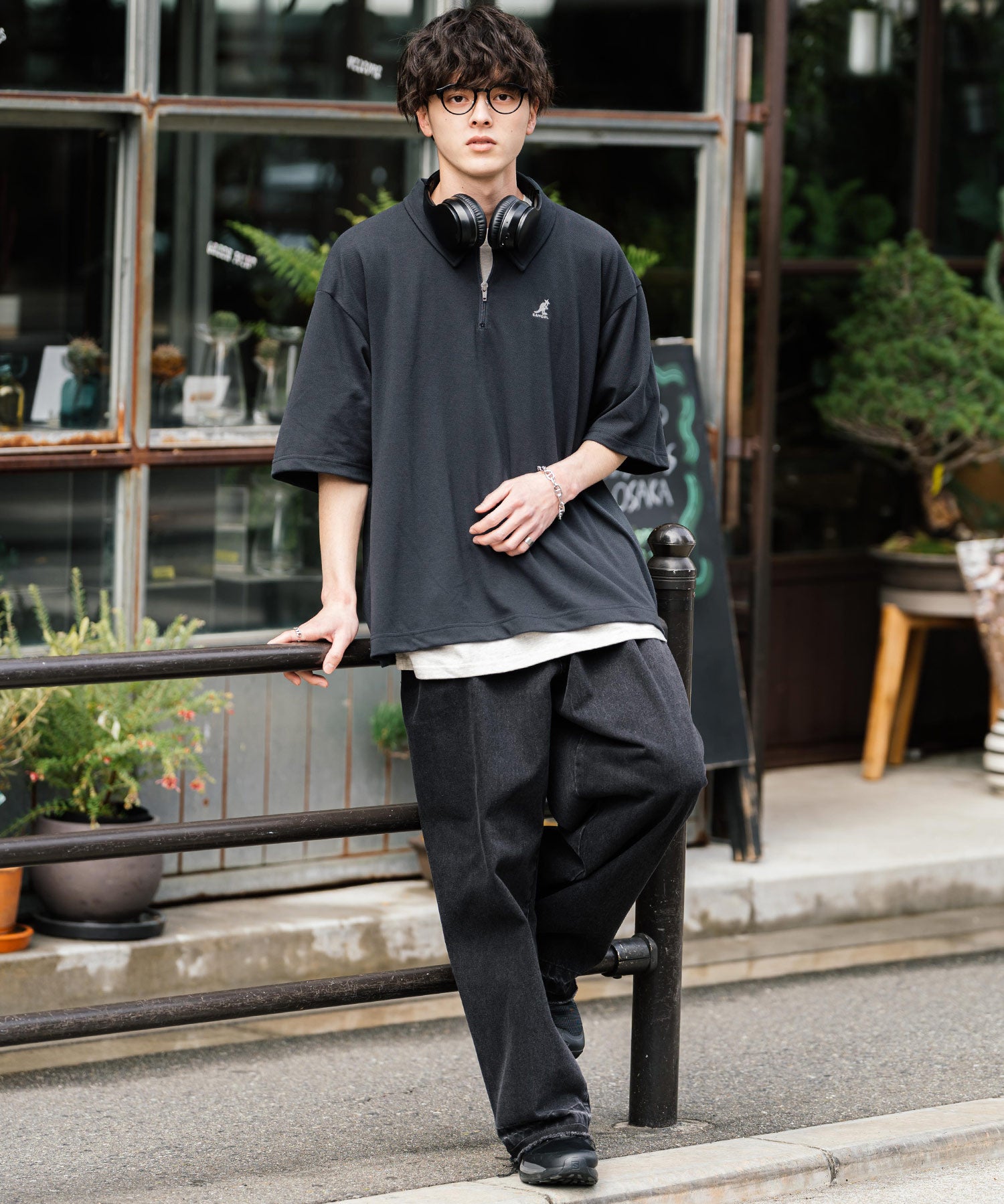 KANGOL カンゴール 別注コラボ 鹿の子ハーフジップクレリックカラー/オーバーサイズロゴ刺繍半袖ポロシャツ