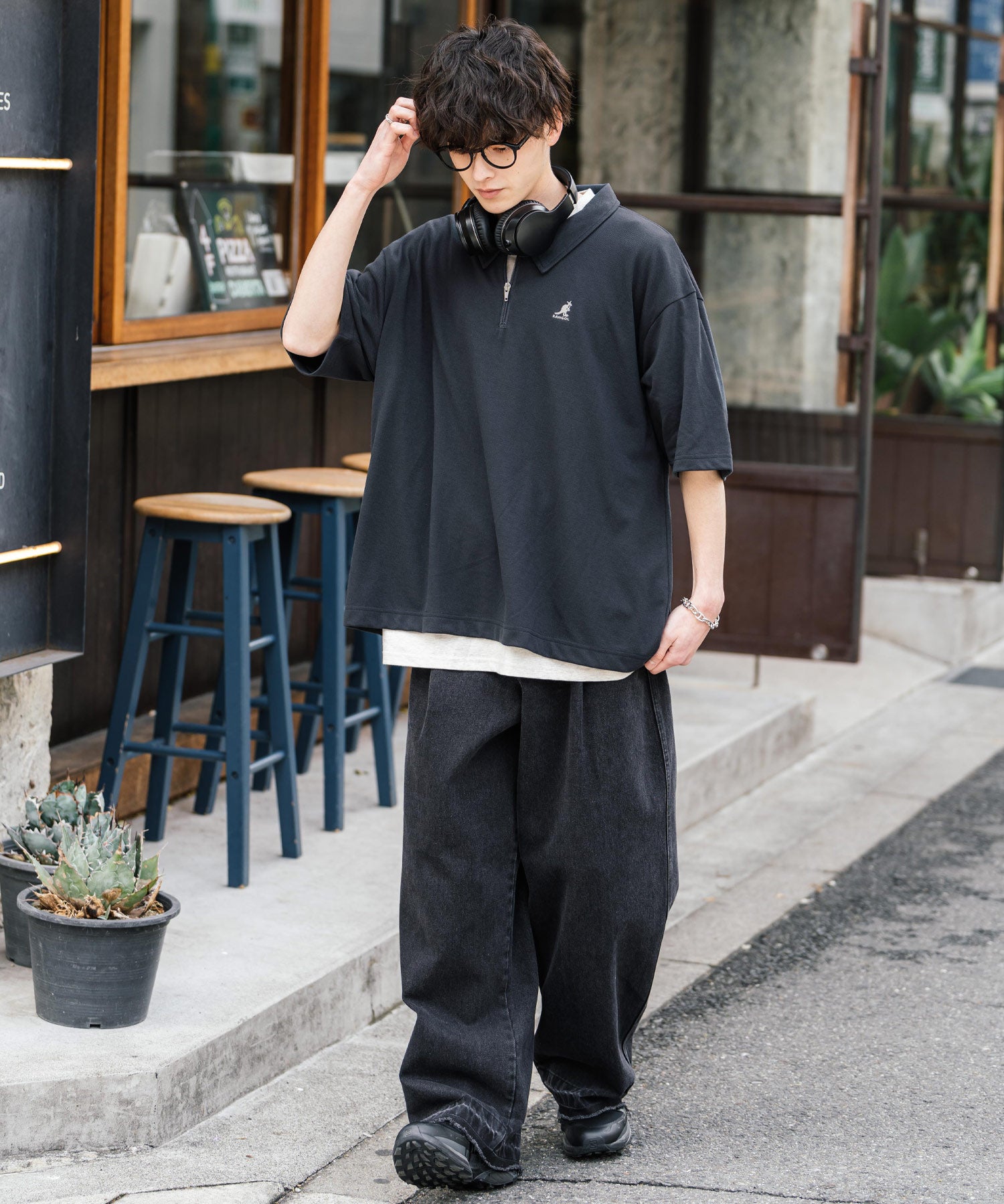 KANGOL カンゴール 別注コラボ 鹿の子ハーフジップクレリックカラー/オーバーサイズロゴ刺繍半袖ポロシャツ