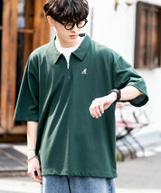 KANGOL カンゴール 別注コラボ 鹿の子ハーフジップクレリックカラー/オーバーサイズロゴ刺繍半袖ポロシャツ