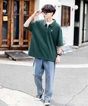 KANGOL カンゴール 別注コラボ 鹿の子ハーフジップクレリックカラー/オーバーサイズロゴ刺繍半袖ポロシャツ