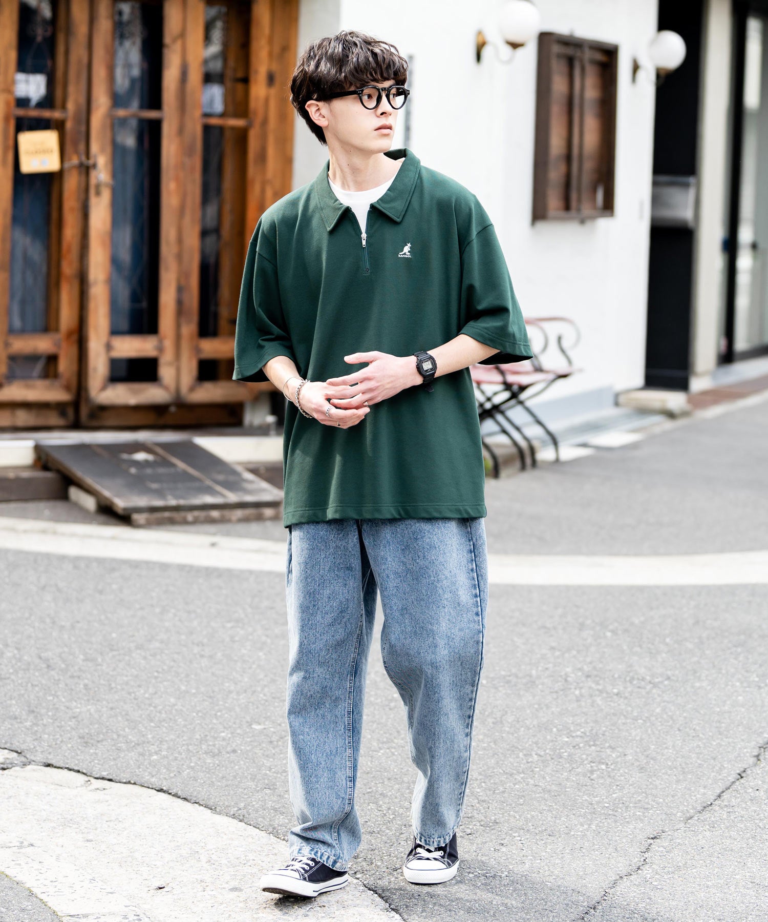 KANGOL カンゴール 別注コラボ 鹿の子ハーフジップクレリックカラー/オーバーサイズロゴ刺繍半袖ポロシャツ