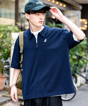 KANGOL カンゴール 別注コラボ 鹿の子ハーフジップクレリックカラー/オーバーサイズロゴ刺繍半袖ポロシャツ