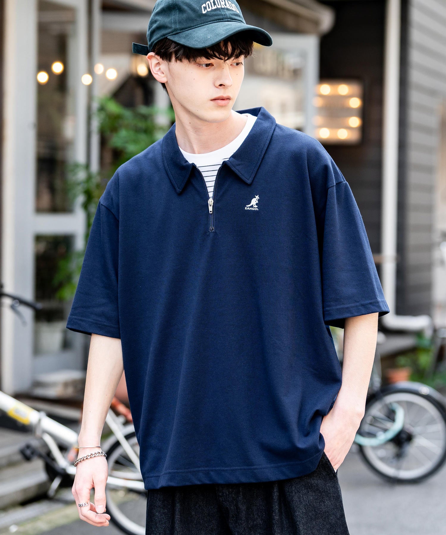 KANGOL カンゴール 別注コラボ 鹿の子ハーフジップクレリックカラー/オーバーサイズロゴ刺繍半袖ポロシャツ