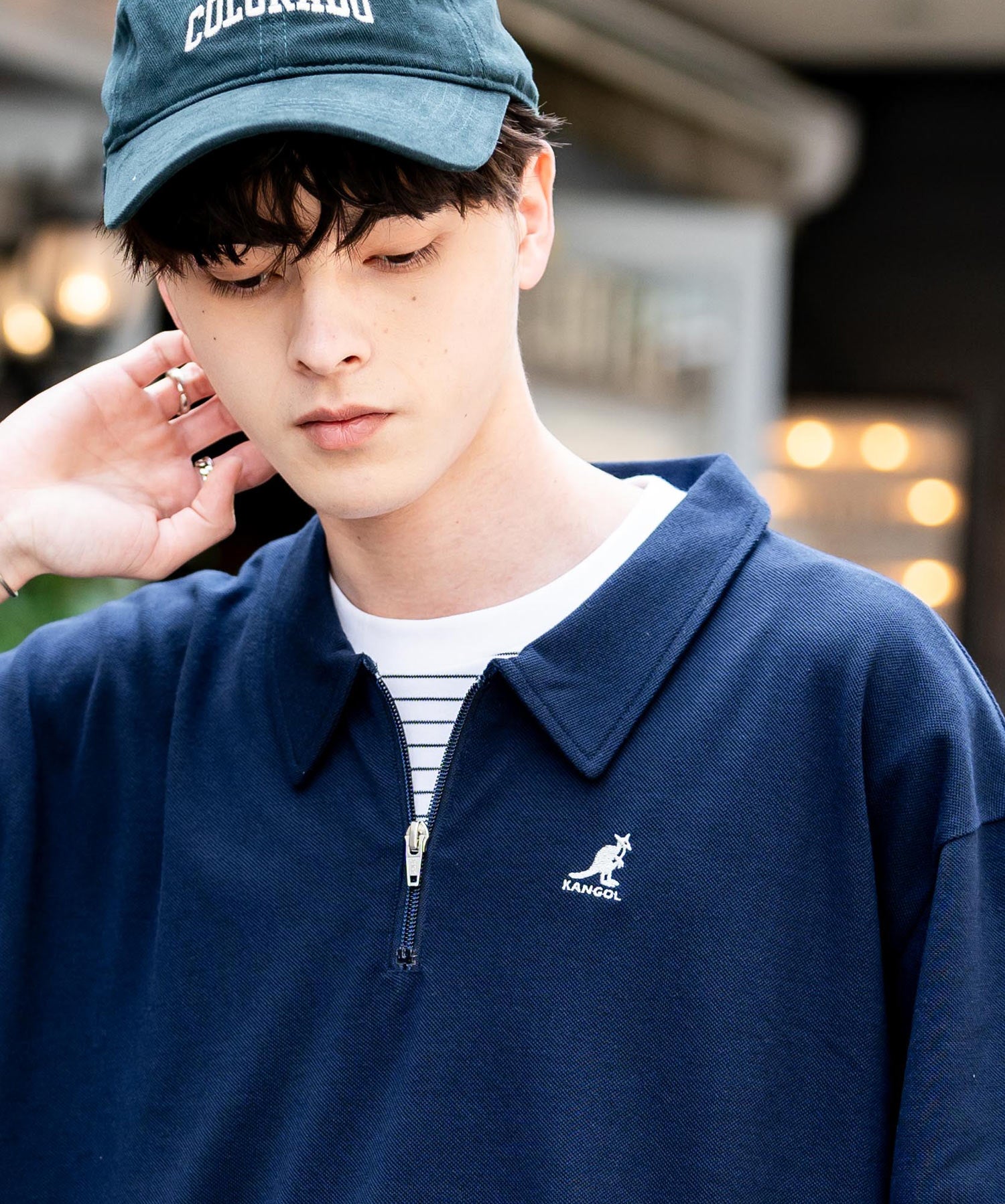 KANGOL カンゴール 別注コラボ 鹿の子ハーフジップクレリックカラー/オーバーサイズロゴ刺繍半袖ポロシャツ