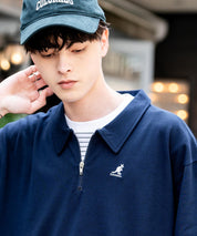 KANGOL カンゴール 別注コラボ 鹿の子ハーフジップクレリックカラー/オーバーサイズロゴ刺繍半袖ポロシャツ