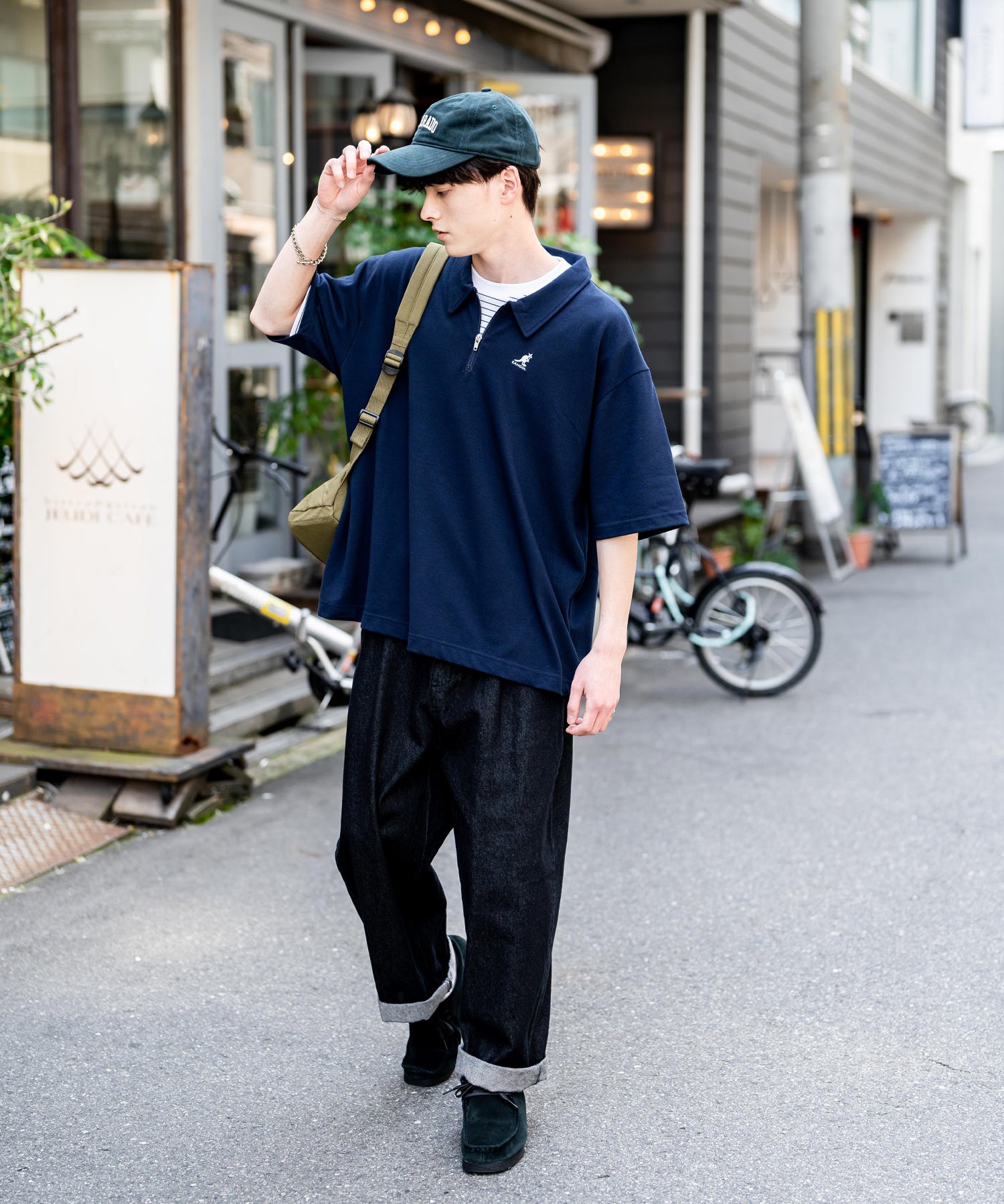 KANGOL カンゴール 別注コラボ 鹿の子ハーフジップクレリックカラー/オーバーサイズロゴ刺繍半袖ポロシャツ