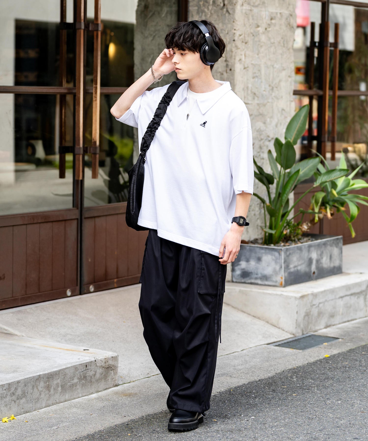 KANGOL カンゴール 別注コラボ 鹿の子ハーフジップクレリックカラー/オーバーサイズロゴ刺繍半袖ポロシャツ