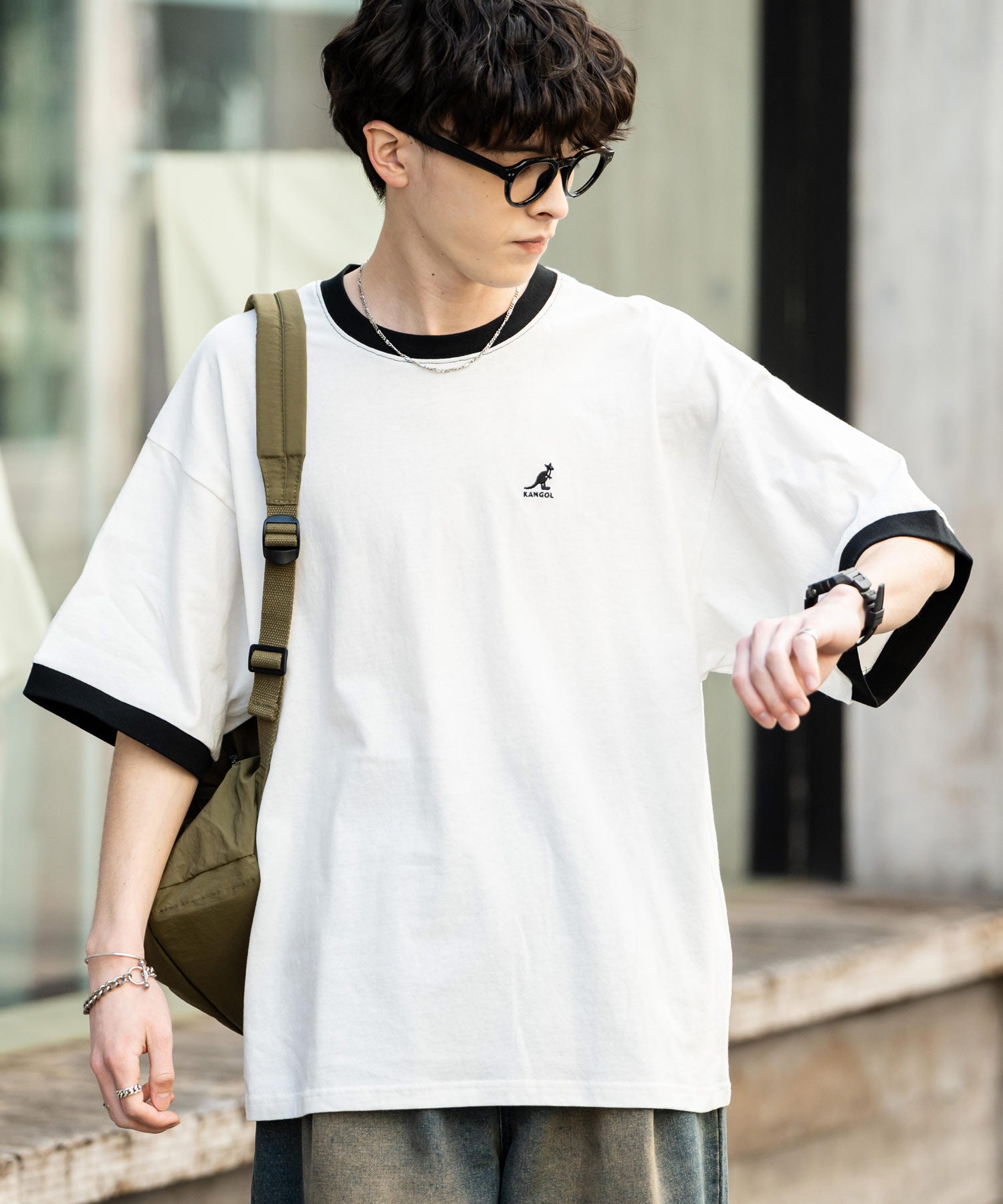 KANGOL 別注コラボ ワンポイントロゴ刺繍半袖クルーネックTシャツ 無地/リンガーネック