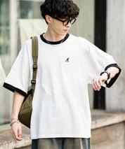 KANGOL 別注コラボ ワンポイントロゴ刺繍半袖クルーネックTシャツ 無地/リンガーネック