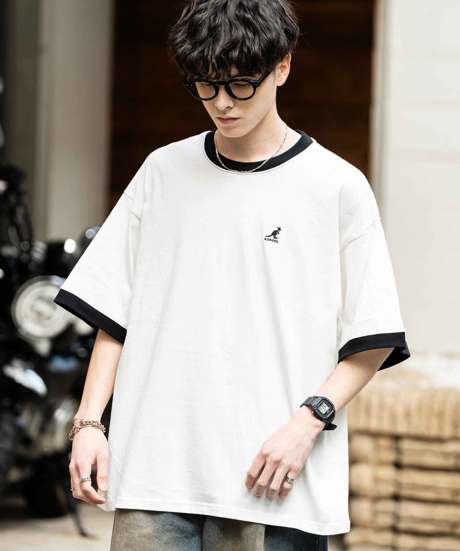 KANGOL 別注コラボ ワンポイントロゴ刺繍半袖クルーネックTシャツ 無地/リンガーネック