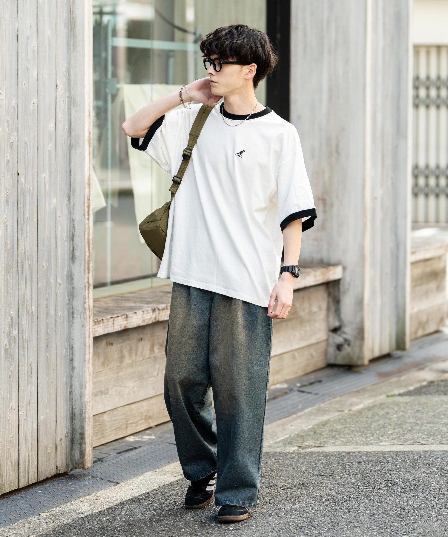 KANGOL 別注コラボ ワンポイントロゴ刺繍半袖クルーネックTシャツ 無地/リンガーネック