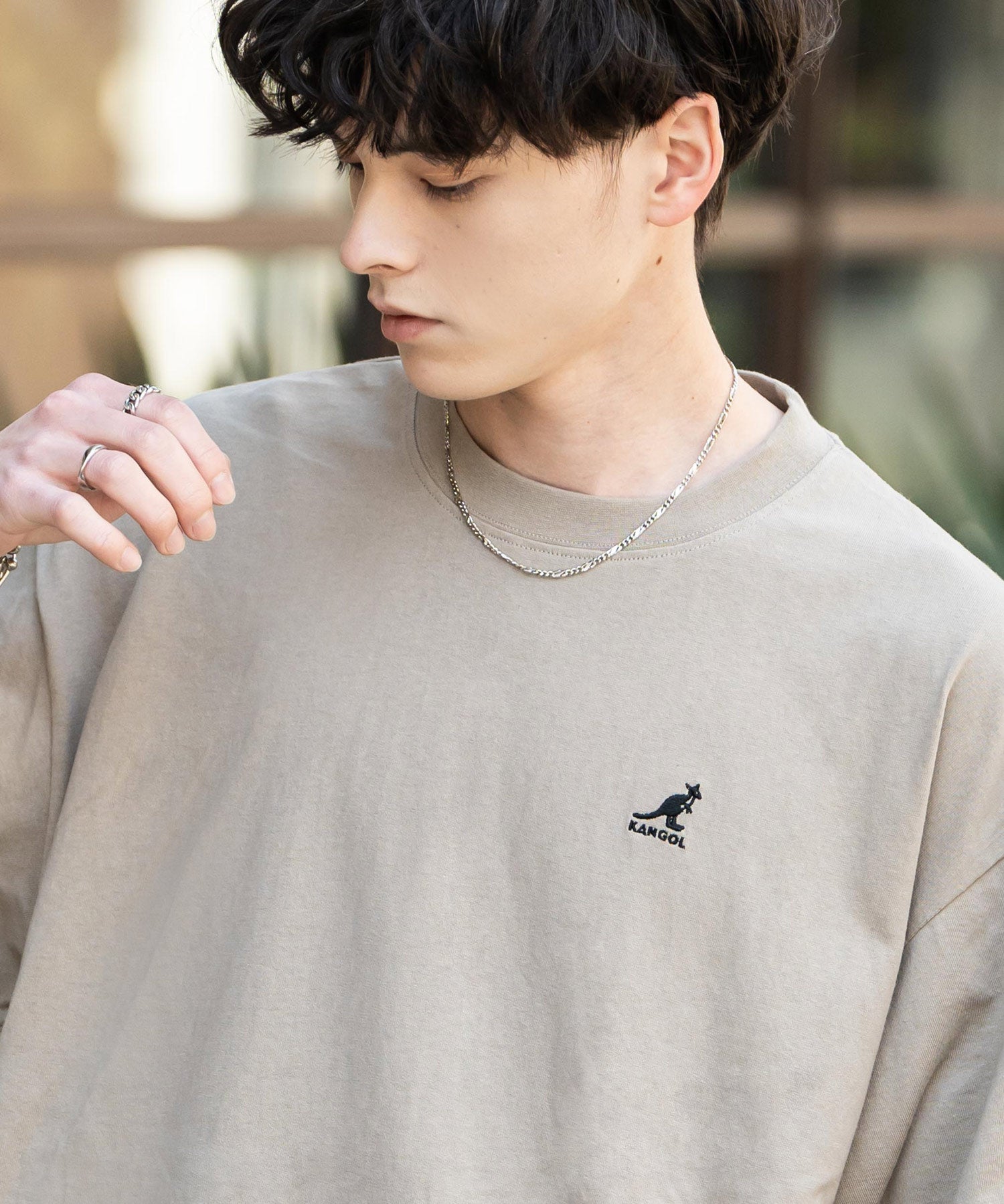 KANGOL 別注コラボ ワンポイントロゴ刺繍半袖クルーネックTシャツ 無地/リンガーネック