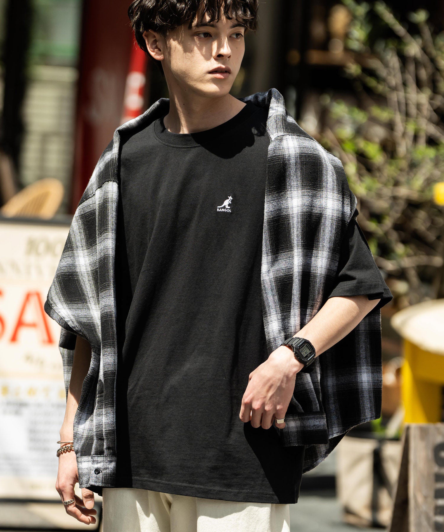KANGOL 別注コラボ ワンポイントロゴ刺繍半袖クルーネックTシャツ 無地/リンガーネック