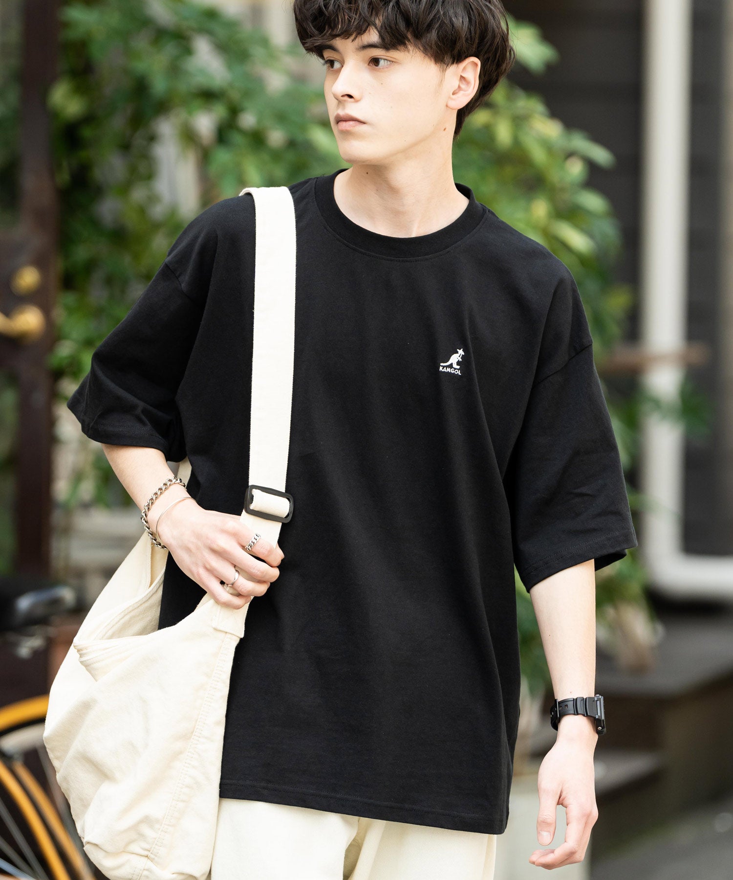 KANGOL 別注コラボ ワンポイントロゴ刺繍半袖クルーネックTシャツ 無地/リンガーネック
