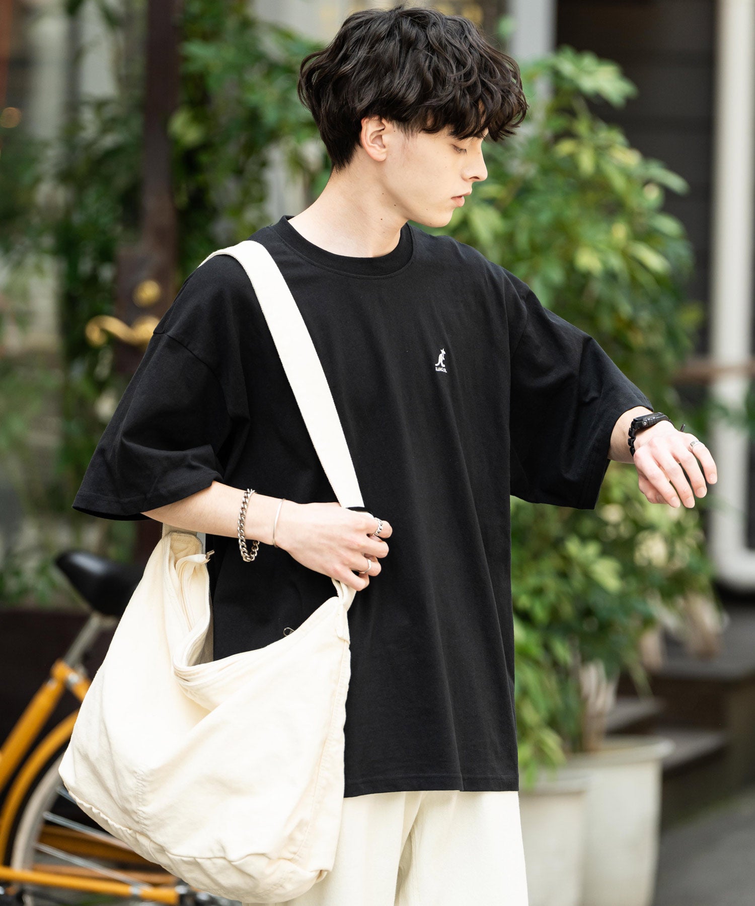 KANGOL 別注コラボ ワンポイントロゴ刺繍半袖クルーネックTシャツ 無地/リンガーネック