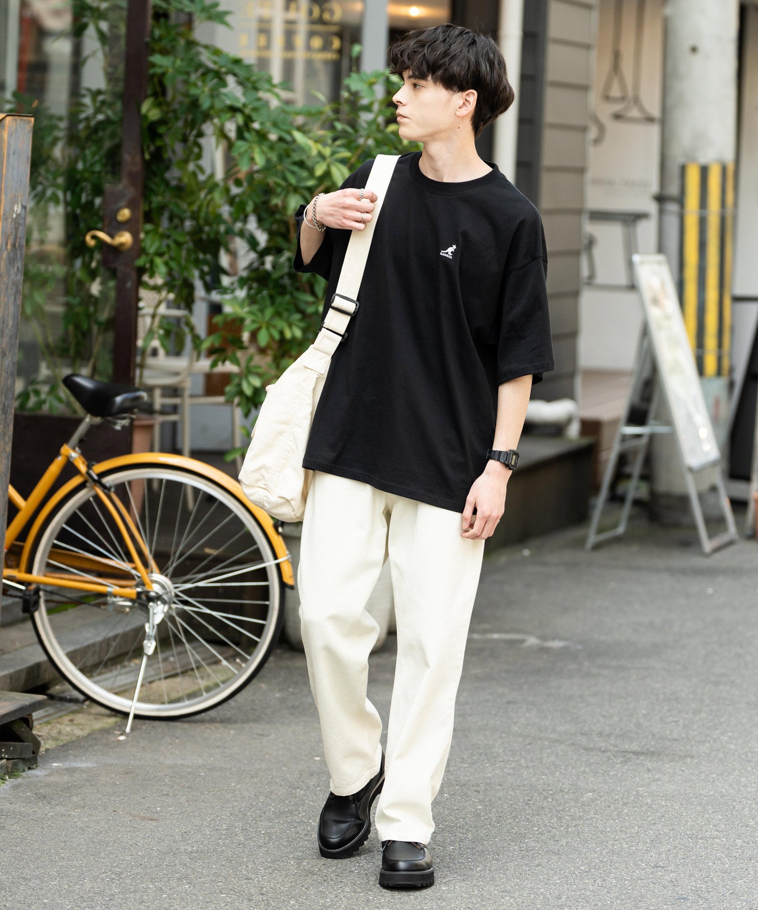 KANGOL 別注コラボ ワンポイントロゴ刺繍半袖クルーネックTシャツ 無地/リンガーネック