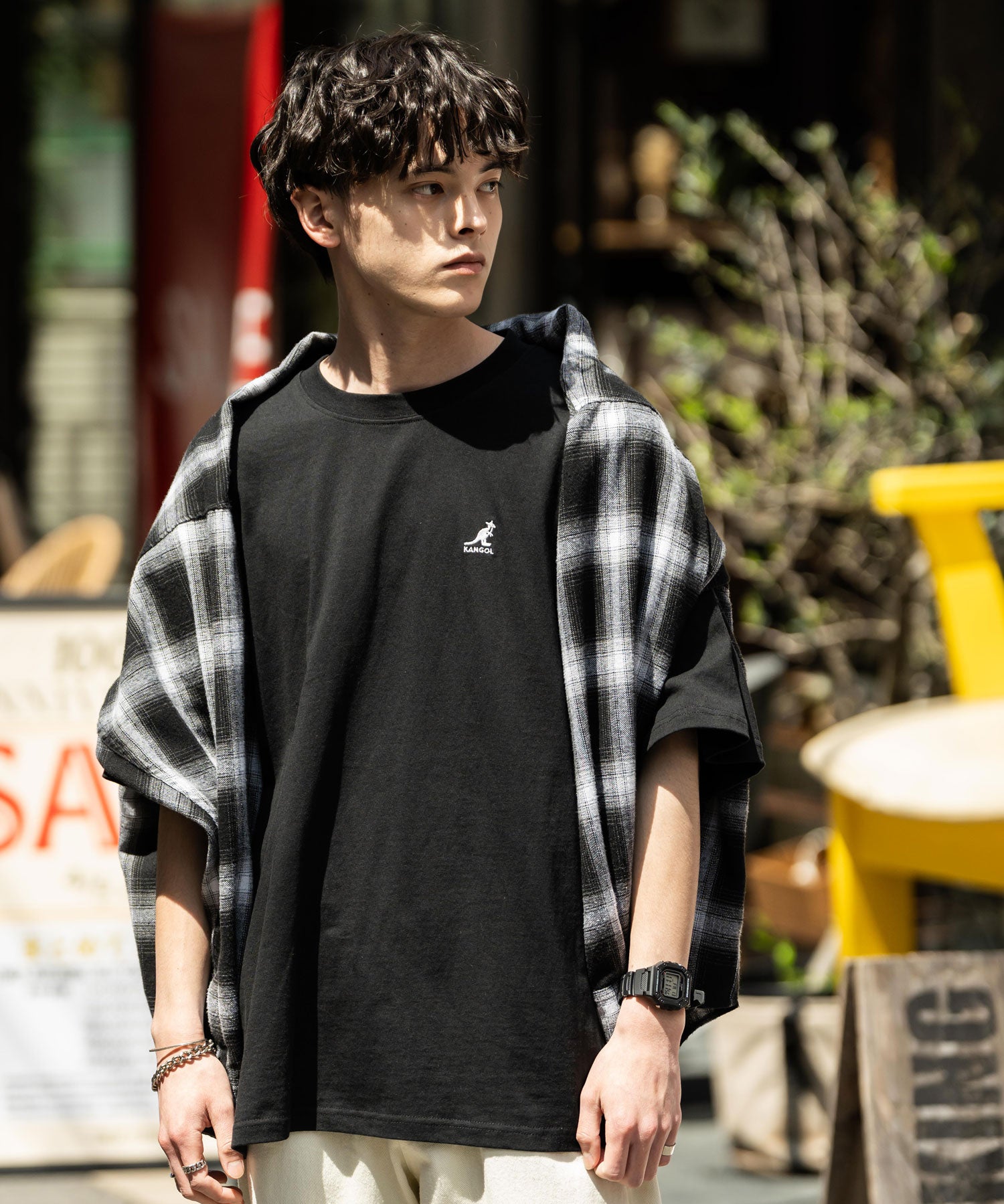 KANGOL 別注コラボ ワンポイントロゴ刺繍半袖クルーネックTシャツ 無地/リンガーネック