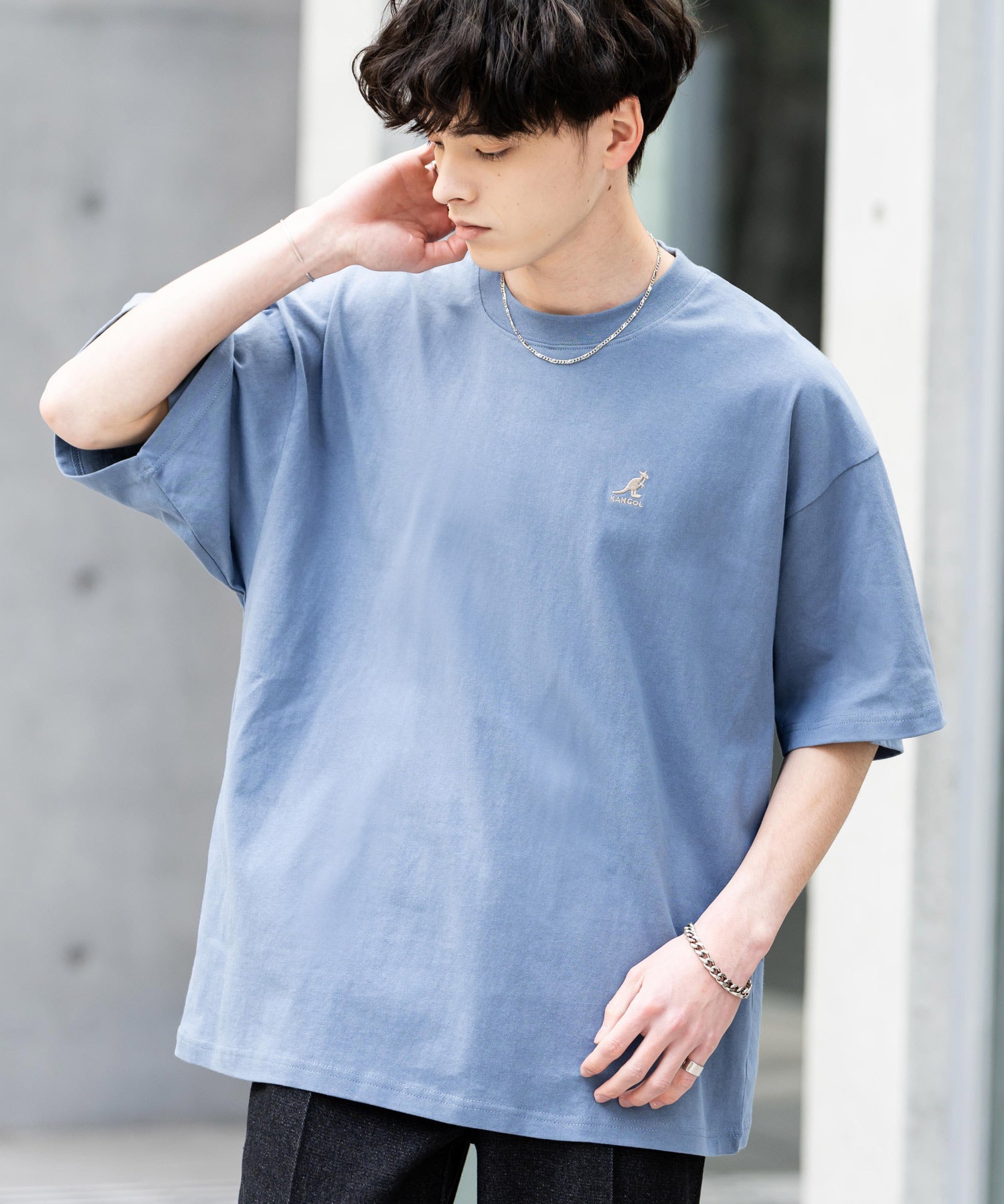 KANGOL 別注コラボ ワンポイントロゴ刺繍半袖クルーネックTシャツ 無地/リンガーネック