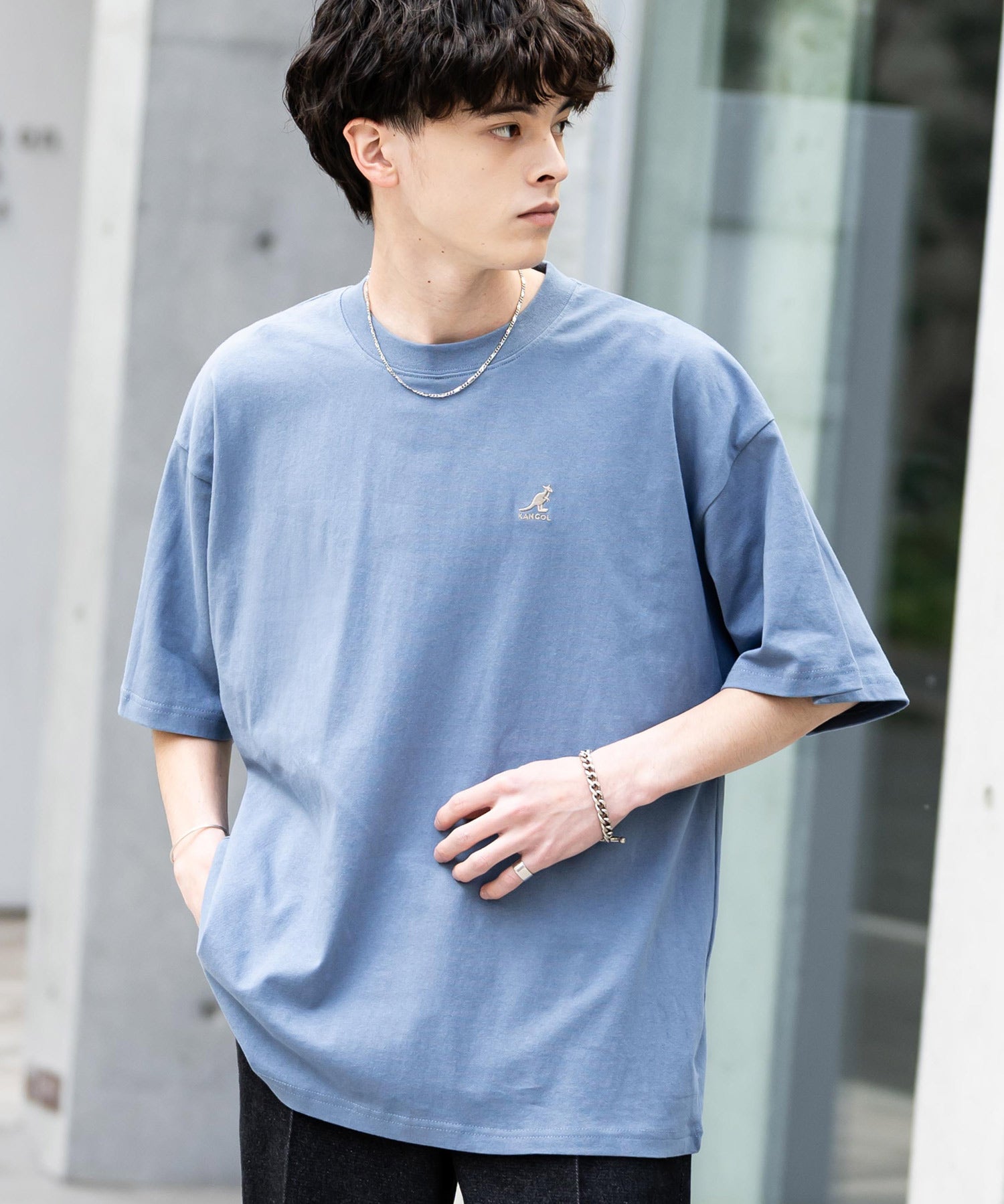 KANGOL 別注コラボ ワンポイントロゴ刺繍半袖クルーネックTシャツ 無地/リンガーネック