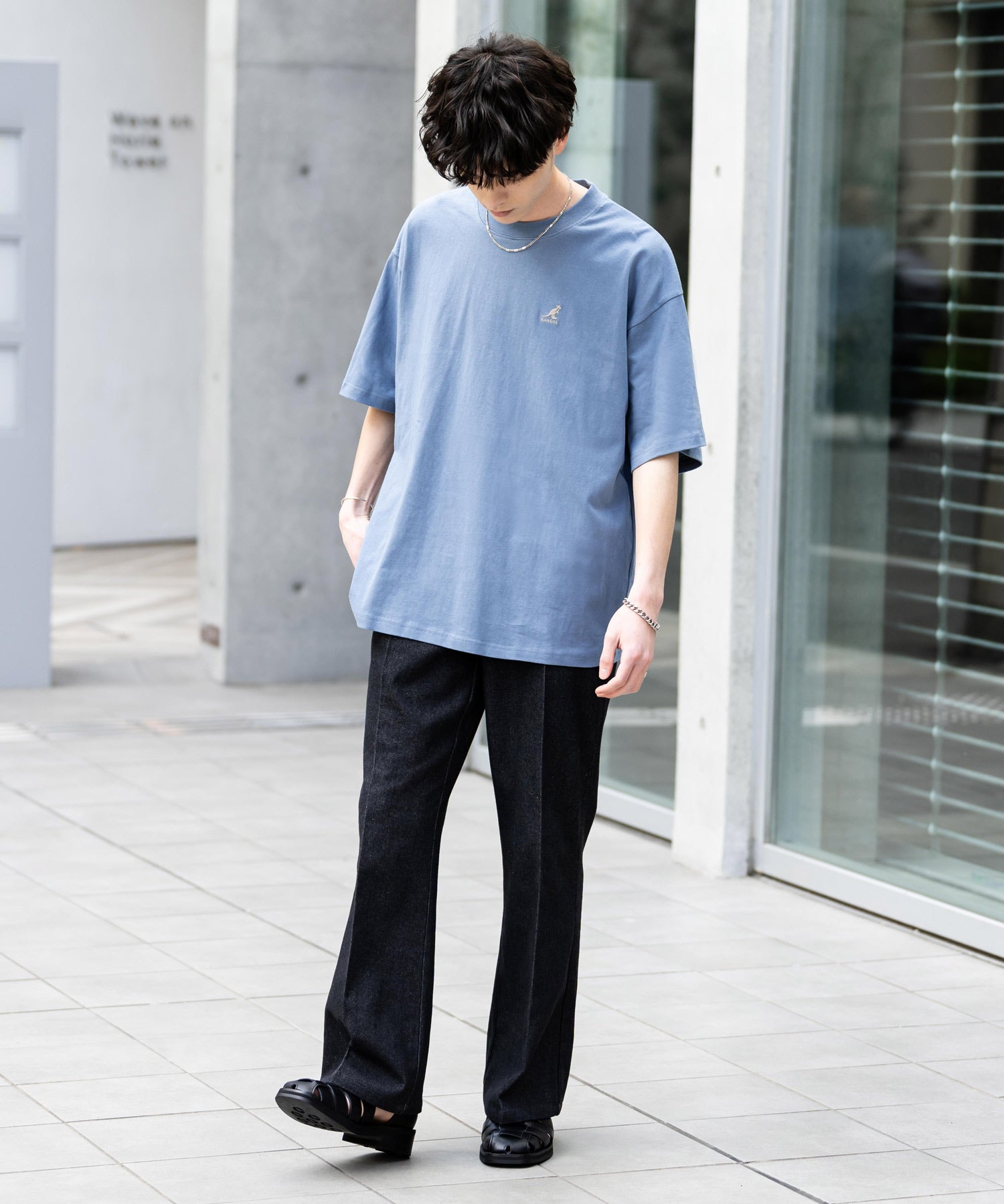KANGOL 別注コラボ ワンポイントロゴ刺繍半袖クルーネックTシャツ 無地/リンガーネック
