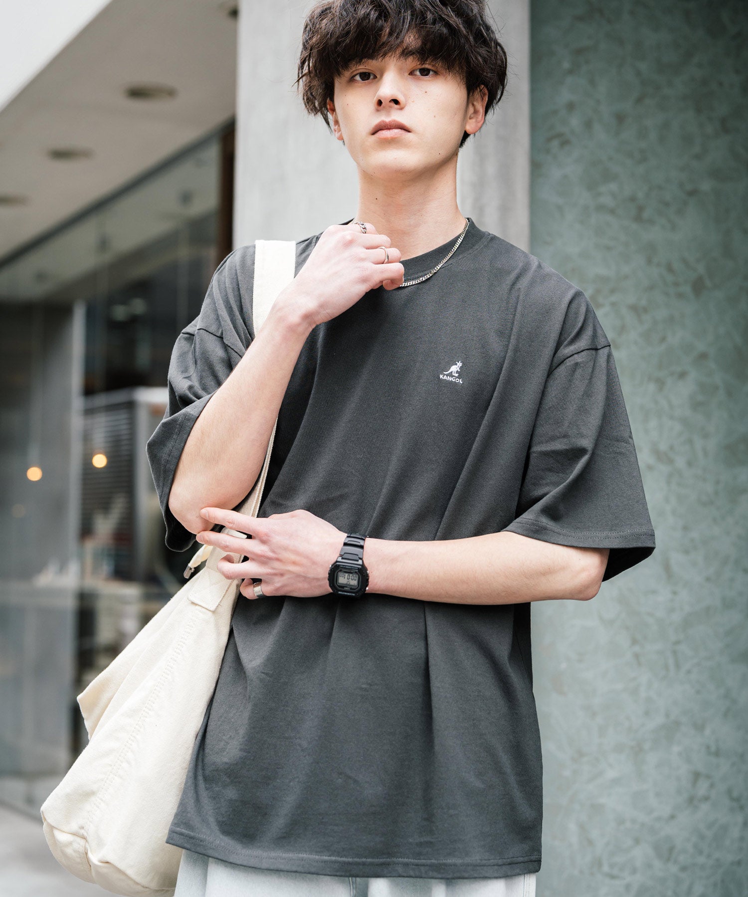 KANGOL 別注コラボ ワンポイントロゴ刺繍半袖クルーネックTシャツ 無地/リンガーネック