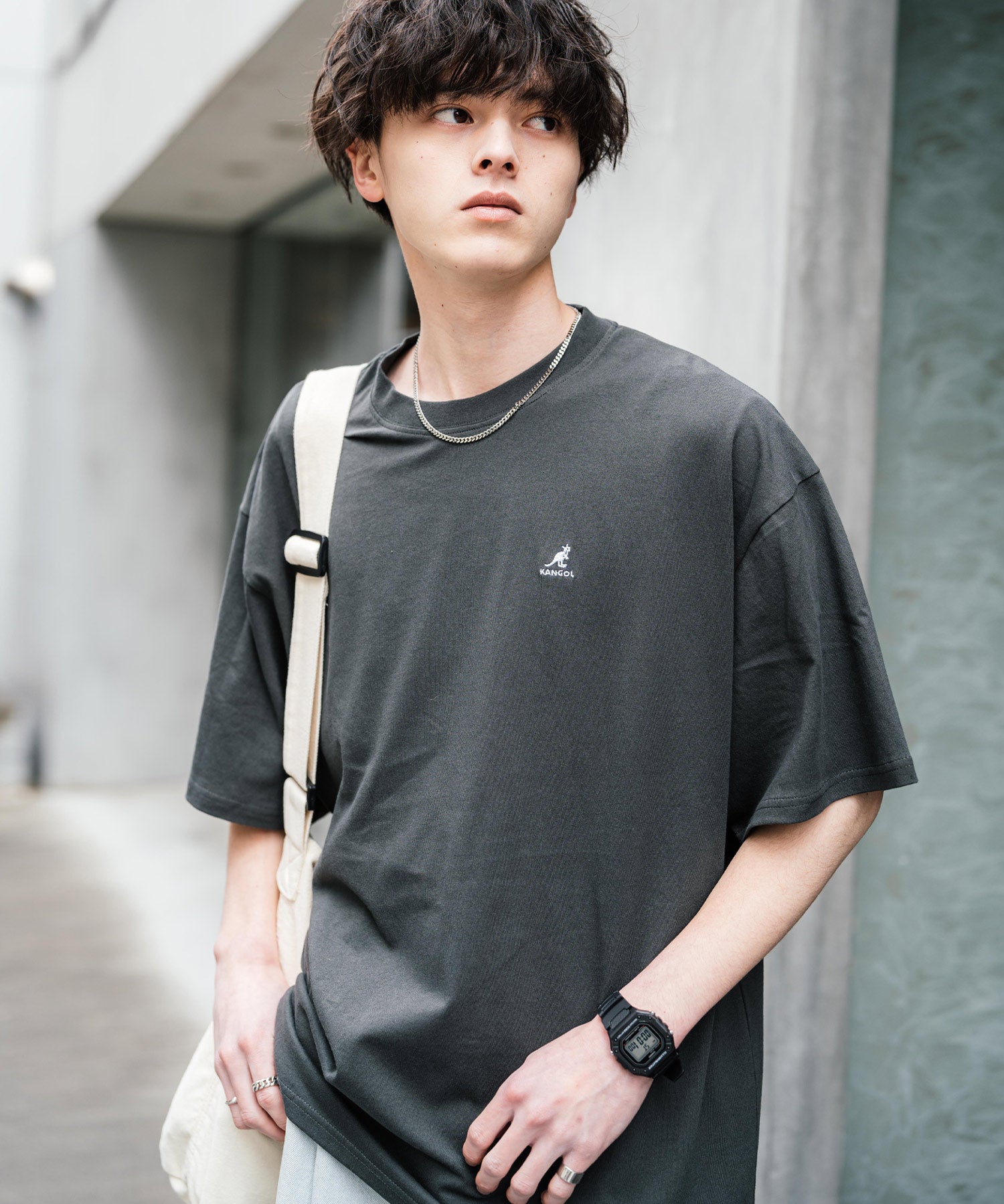 KANGOL 別注コラボ ワンポイントロゴ刺繍半袖クルーネックTシャツ 無地/リンガーネック