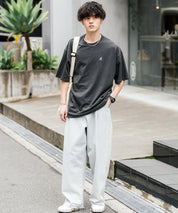 KANGOL 別注コラボ ワンポイントロゴ刺繍半袖クルーネックTシャツ 無地/リンガーネック