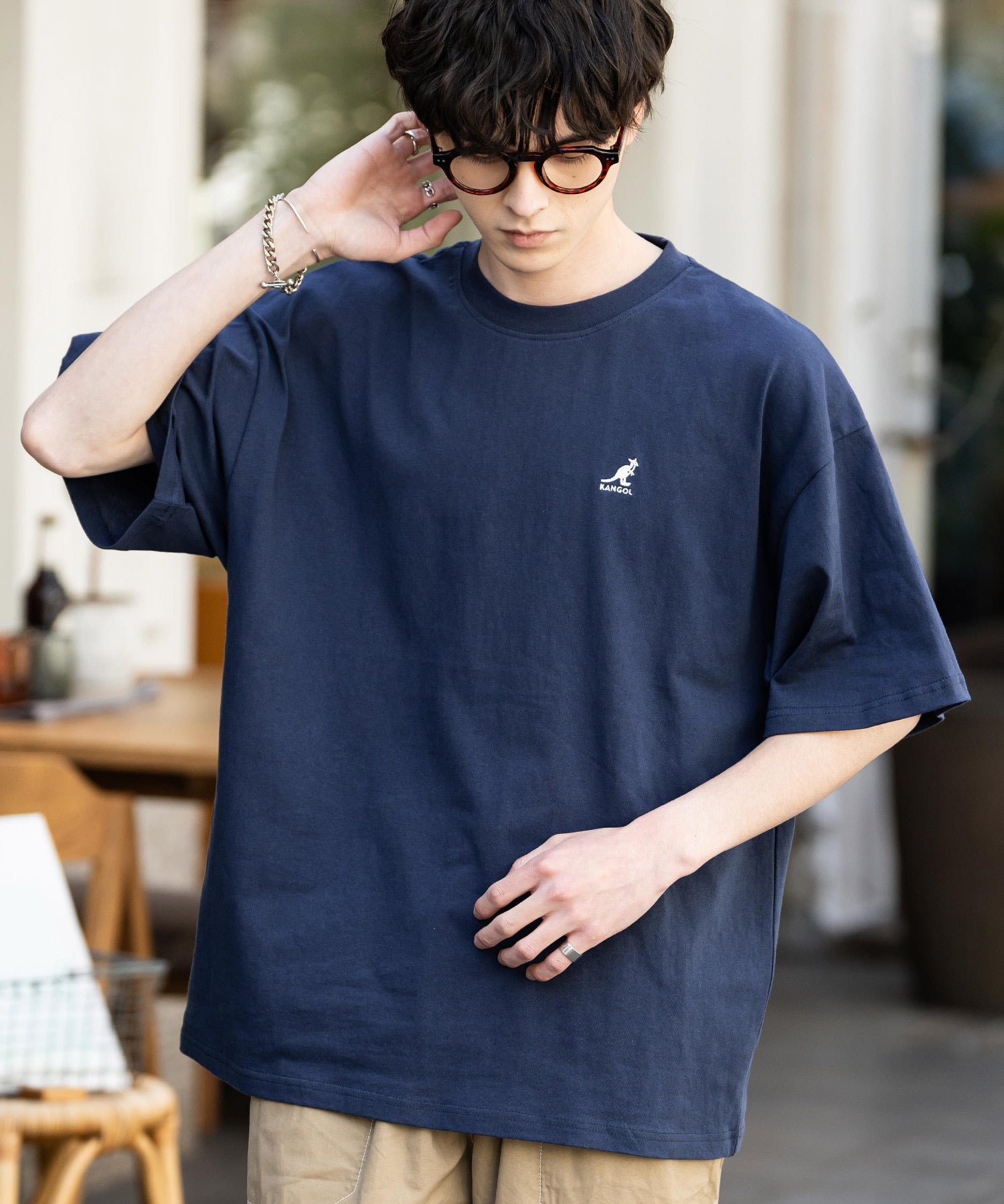 KANGOL 別注コラボ ワンポイントロゴ刺繍半袖クルーネックTシャツ 無地/リンガーネック