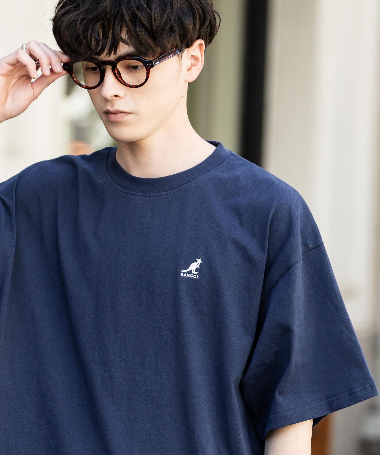 KANGOL 別注コラボ ワンポイントロゴ刺繍半袖クルーネックTシャツ 無地/リンガーネック