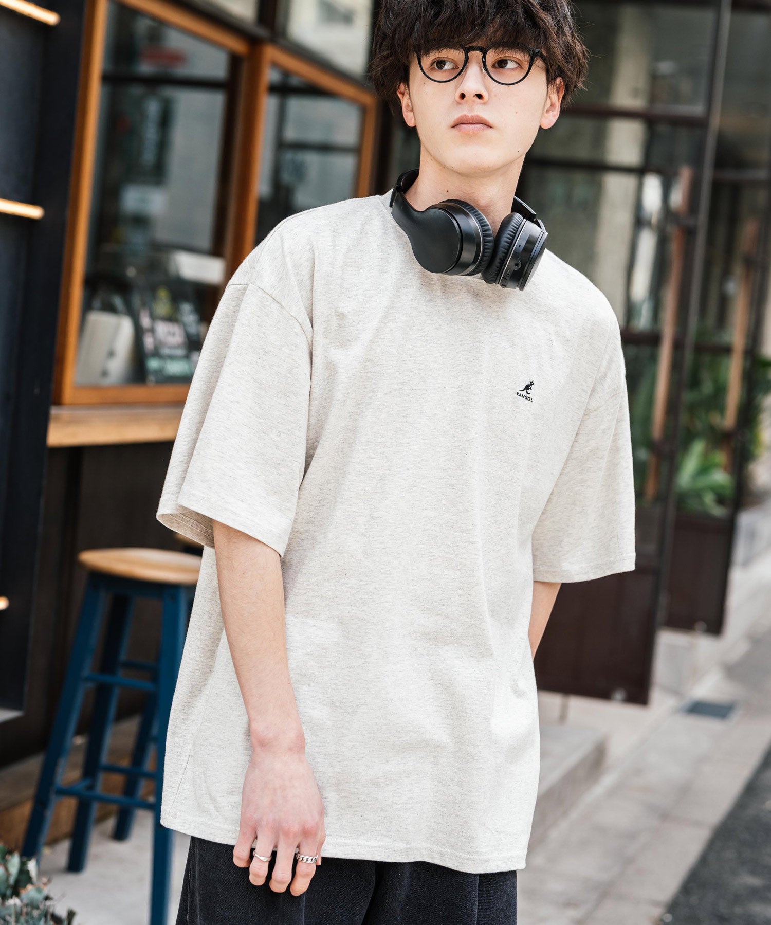 KANGOL 別注コラボ ワンポイントロゴ刺繍半袖クルーネックTシャツ 無地/リンガーネック