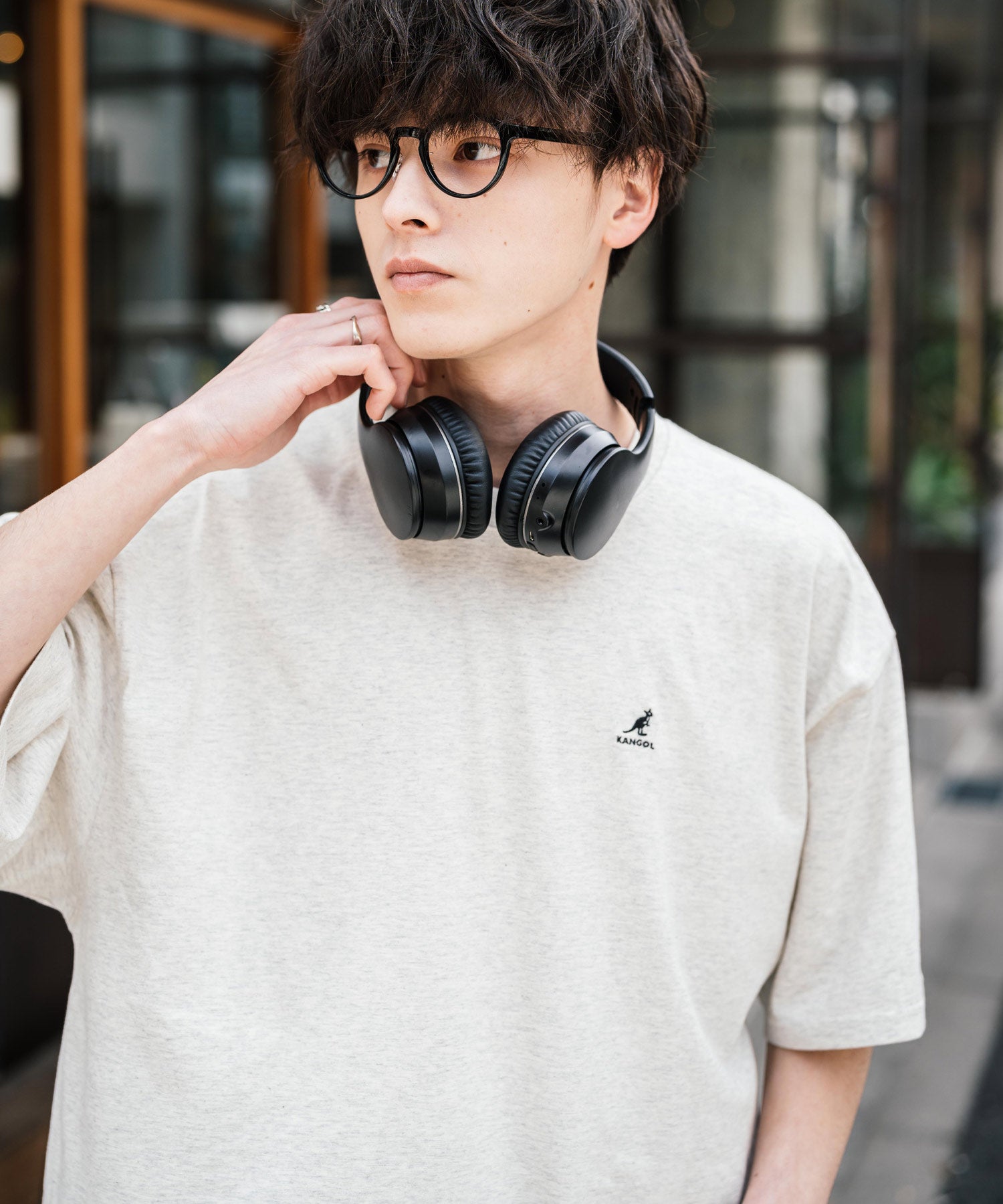 KANGOL 別注コラボ ワンポイントロゴ刺繍半袖クルーネックTシャツ 無地/リンガーネック