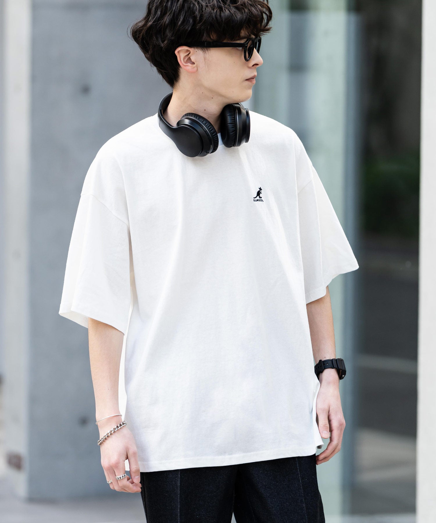 KANGOL 別注コラボ ワンポイントロゴ刺繍半袖クルーネックTシャツ 無地/リンガーネック