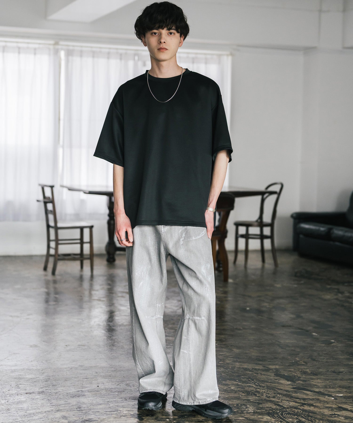 接触冷感 オーバーサイズサイドスリットダンボール半袖クルーネックTシャツ