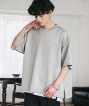 接触冷感 オーバーサイズサイドスリットダンボール半袖クルーネックTシャツ