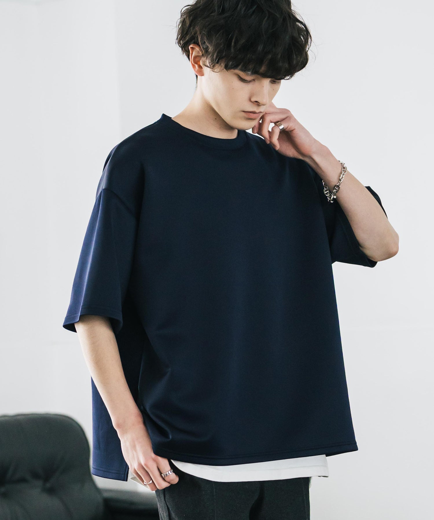 接触冷感 オーバーサイズサイドスリットダンボール半袖クルーネックTシャツ