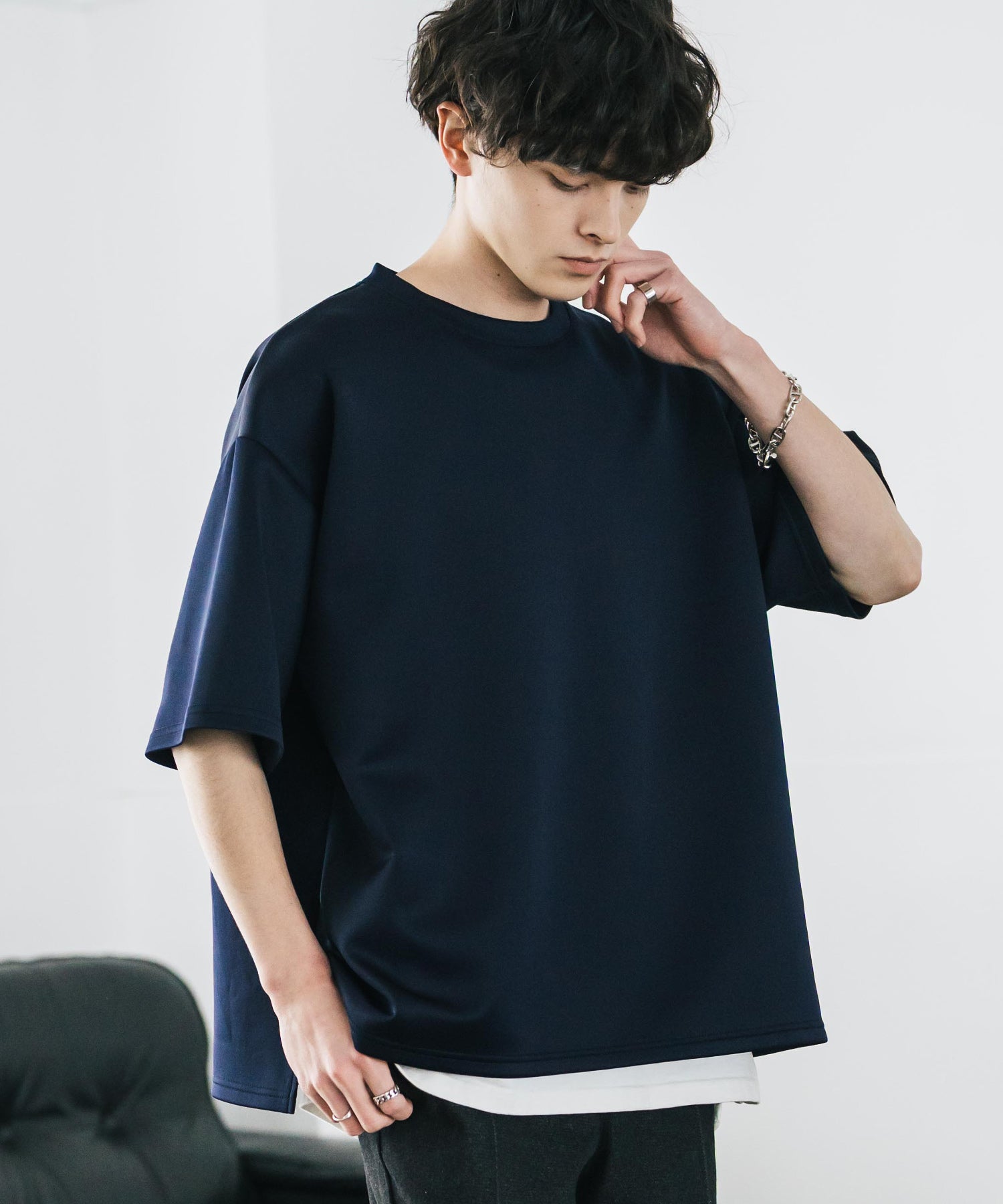 接触冷感 オーバーサイズサイドスリットダンボール半袖クルーネックTシャツ
