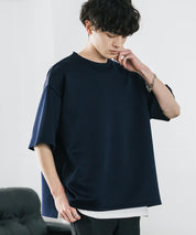 接触冷感 オーバーサイズサイドスリットダンボール半袖クルーネックTシャツ