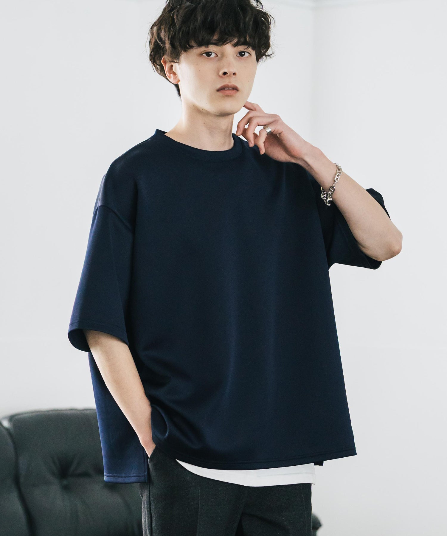 接触冷感 オーバーサイズサイドスリットダンボール半袖クルーネックTシャツ